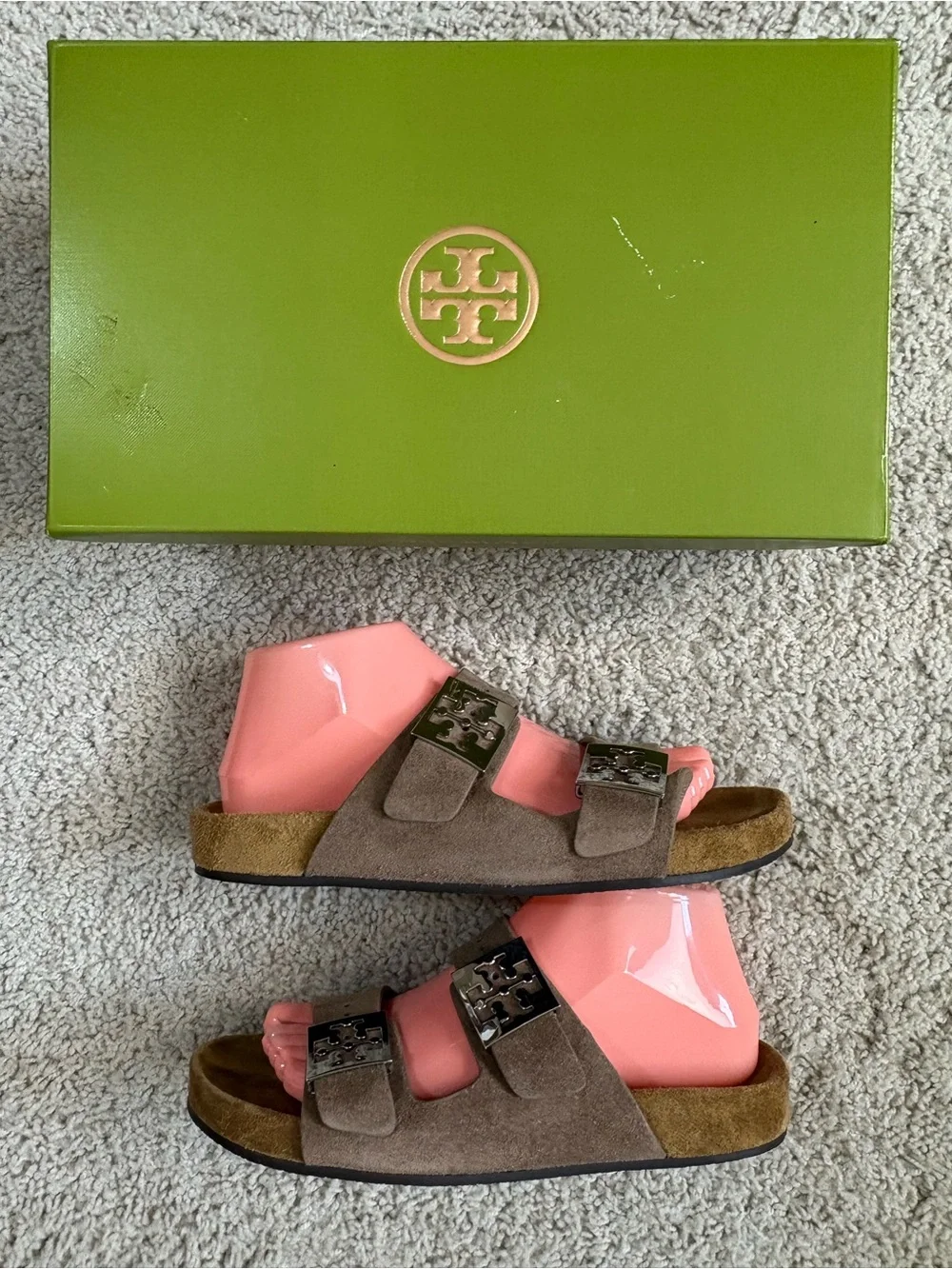 NIB! Women's TORY BURCH Taupe MELLOW SLIDE 2 Strap DESIGNER Foot-Bed SANDALS 8